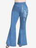 Plus Size 3D Jeans Buttons And Chains Leaves Feather Print Strap Off Shoulder T-Shirt and 3D Jeans And Chains Leaves Feather Print Flare Pants Outfit -  