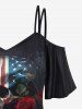T-shirt Gothique Imprimé Drapeau Américain Rose et Crâne à Épaules Ouvertes - Noir 5x | US 30-32