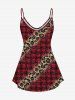 Plus Size 3D Red Black Checkered And Leopard Print Cold Shoulder Tee -  