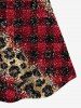 Plus Size 3D Red Black Checkered And Leopard Print Cold Shoulder Tee -  