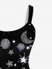 Plus Size 3D Sun Moon Star Figure Printed Cold Shoulder A Line Dress -  