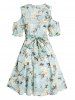 Flower Print Cold Shoulder Crossover Bowknot Plunge Mini Dress -  