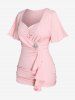 Plus Size Lace Trim Ruched Ruffles Buckle Short Sleeve T-Shirt -  