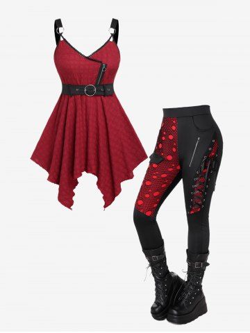 Plus Size Lace Trim Buckle Zipper Backless Hanky Hem Tank Top and Mesh Overlay Lace-up Zippered Skinny Pants Outfit - RED