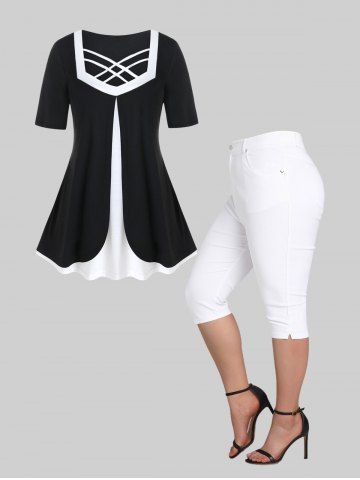 Monochrome  Strappy Double Layered Tunic Top and Pockets Pants Plus Size Summer Outfit - WHITE