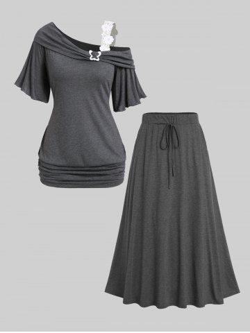 Skew Neck Lace Strap Ruched Flutter Sleeves Tee and Midi Skirt Plus Size Summer Outfit - GRAY