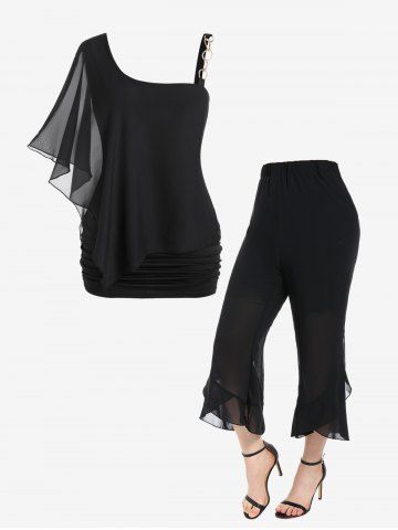 Mesh Overlay Chain Skew Neck Tee and Ruffle Capri Pants Plus Size Summer Outfit - BLACK