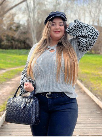 Plus Size Drop Shoulder Crisscross Leopard Print Sweater - GRAY - L