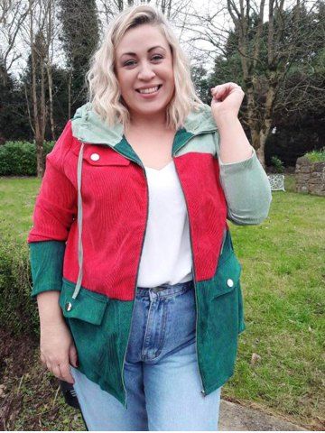 Veste à Capuche Zippée Contrastée en Blocs de Couleurs de Grande Taille en Velours Côtelé