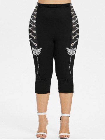 Plus Size 3D Butterfly Lace Up Printed Capri Jeggings