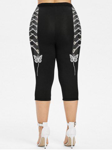 Plus Size 3D Butterfly Lace Up Printed Capri Jeggings
