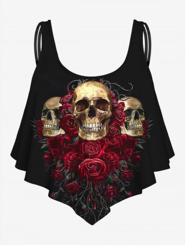 Gothic Skull Rose Print Flounce Tankini Top