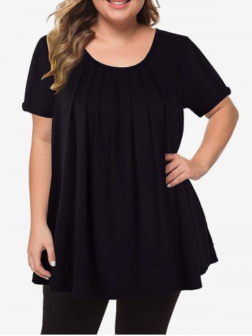 Plus Size Cuffed Sleeves Pleated Solid Tee - BLACK - 2XL
