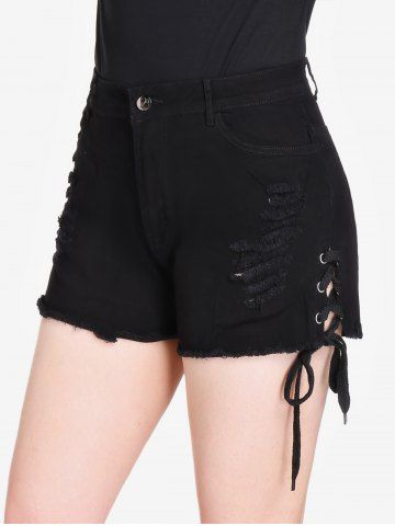 Gothic Lace-up Ripped Jean Shorts - BLACK - M