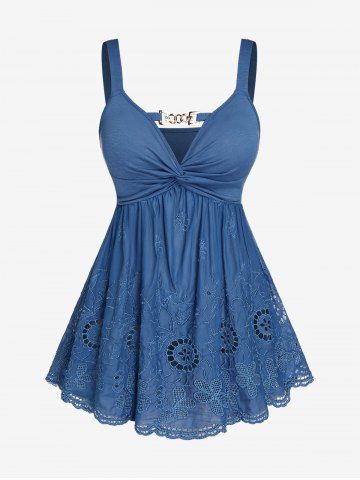 Plus Size Embroidered Twist Frilled Tank Top - BLUE - L | US 12