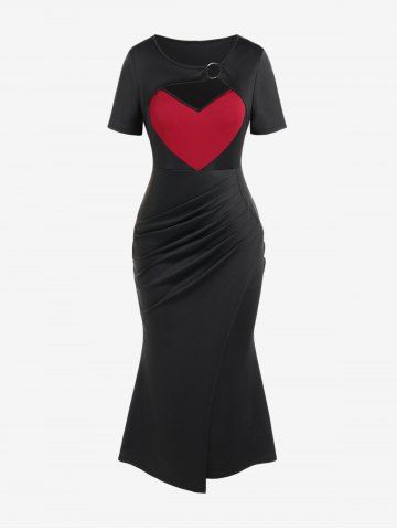 Plus Size Valentine Day Ring Heart-shaped Colorblock Ruched Cutout Mermaid Dress