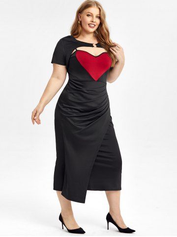 Plus Size Valentine Day Ring Heart-shaped Colorblock Ruched Cutout Mermaid Dress