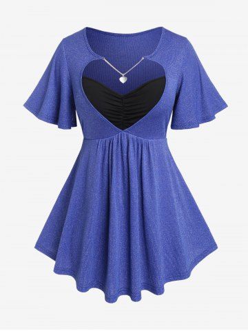 Plus Size Heart Cutout Chains Ruched Flutter Sleeves Ribbed T-shirt - BLUE - L | US 12