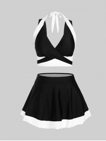 Plus Size Halter Two Tone Crisscross Skirted Tankini Swimsuit - BLACK - 3X | US 22-24