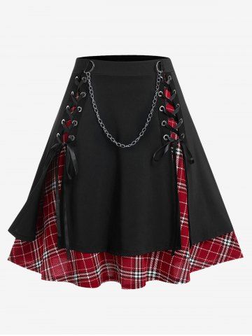 Gothic Chains Lace Up Layered Plaid Skirt - DEEP RED - L | US 12