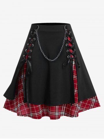 Gothic Chains Lace Up Layered Plaid Skirt - DEEP RED - 5X | US 30-32