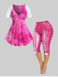 Lace Raglan Sleeves Knot Tie Dye Tee and 3D Jean Capri Leggings Plus Size Summer Outfit -  