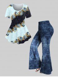 Vintage Floral Print T-shirt and 3D Jean Print Pull On Flare Pants Plus Size Outfits -  
