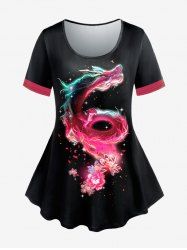 T-shirt Brillant 3D Fleur Dragon Imprimés à Manches Courtes de Grande Taille - Rouge 5x | US 30-32