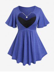 T-shirt Côtelé Découpé Cœur avec Chaîne de Grande Taille à Manches Bouffantes - Bleu M | US 10