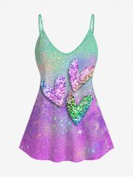 Plus Size 3D Heart Light Beam Sparkling Sequin Colorblocks Print Cold Shoulder Tee -  