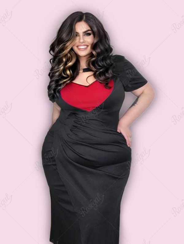 Hot Plus Size Valentine Day Ring Heart-shaped Colorblock Ruched Cutout Mermaid Dress  