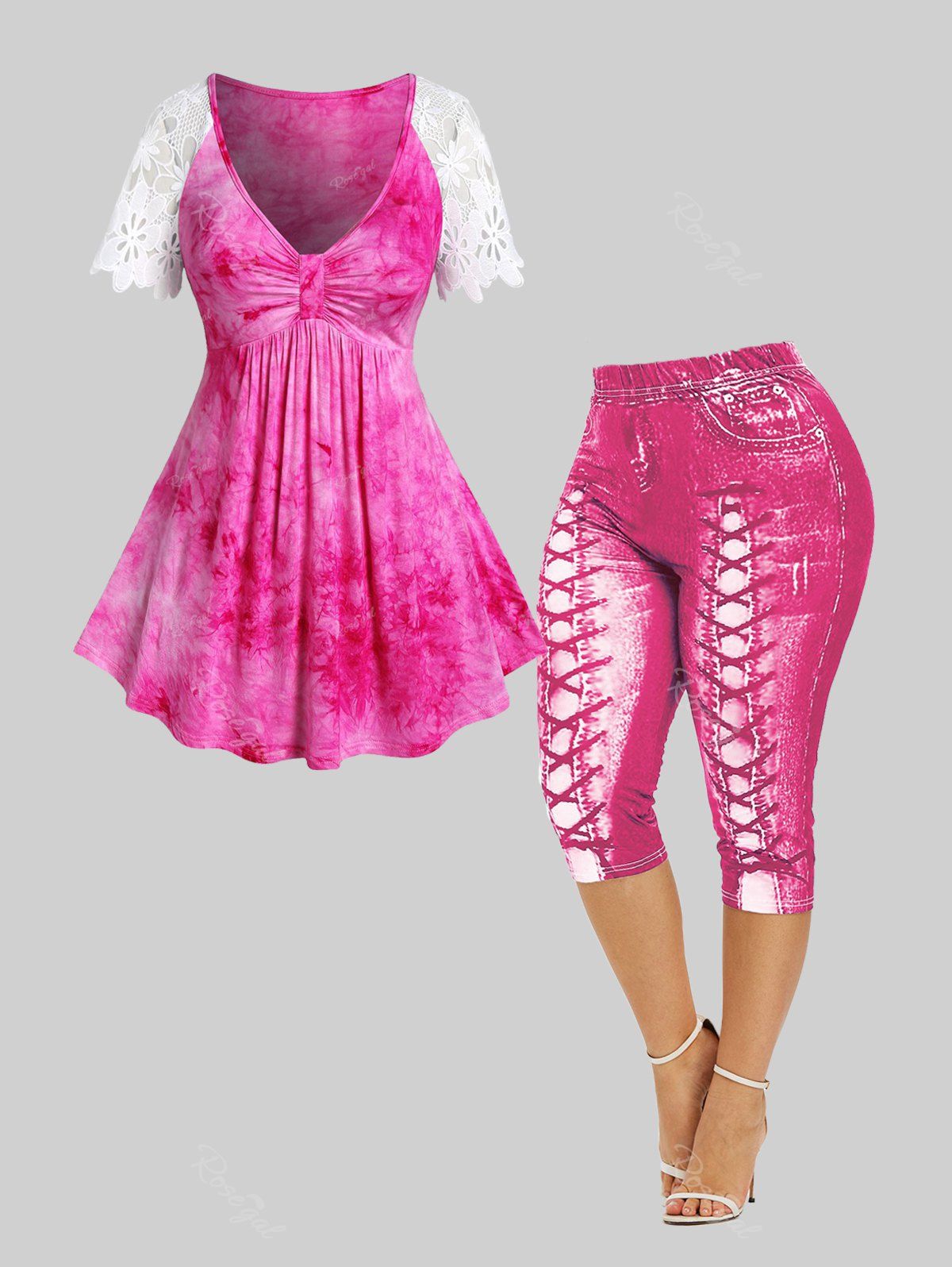 Fashion Lace Raglan Sleeves Knot Tie Dye Tee and 3D Jean Capri Leggings Plus Size Summer Outfit  