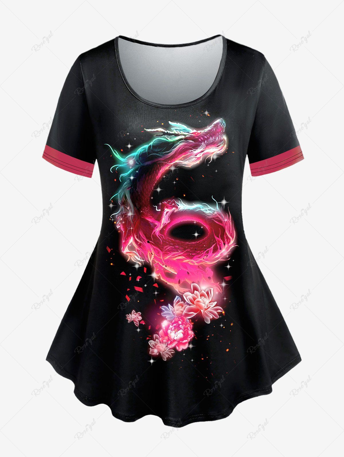 T-shirt Brillant 3D Fleur Dragon Imprimés à Manches Courtes de Grande Taille Rouge 5x | US 30-32