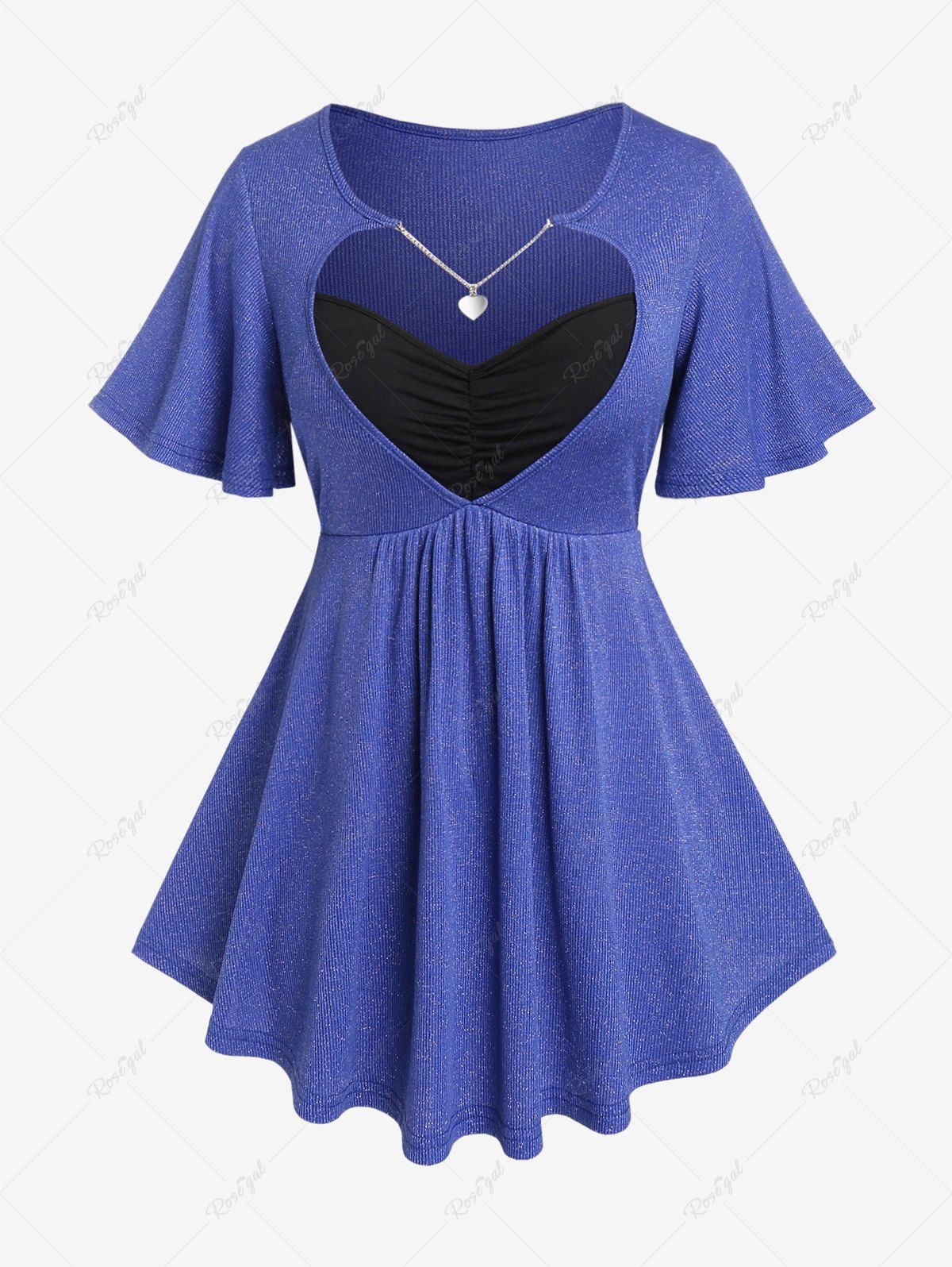 Hot Plus Size Heart Cutout Chains Ruched Flutter Sleeves Ribbed T-shirt  