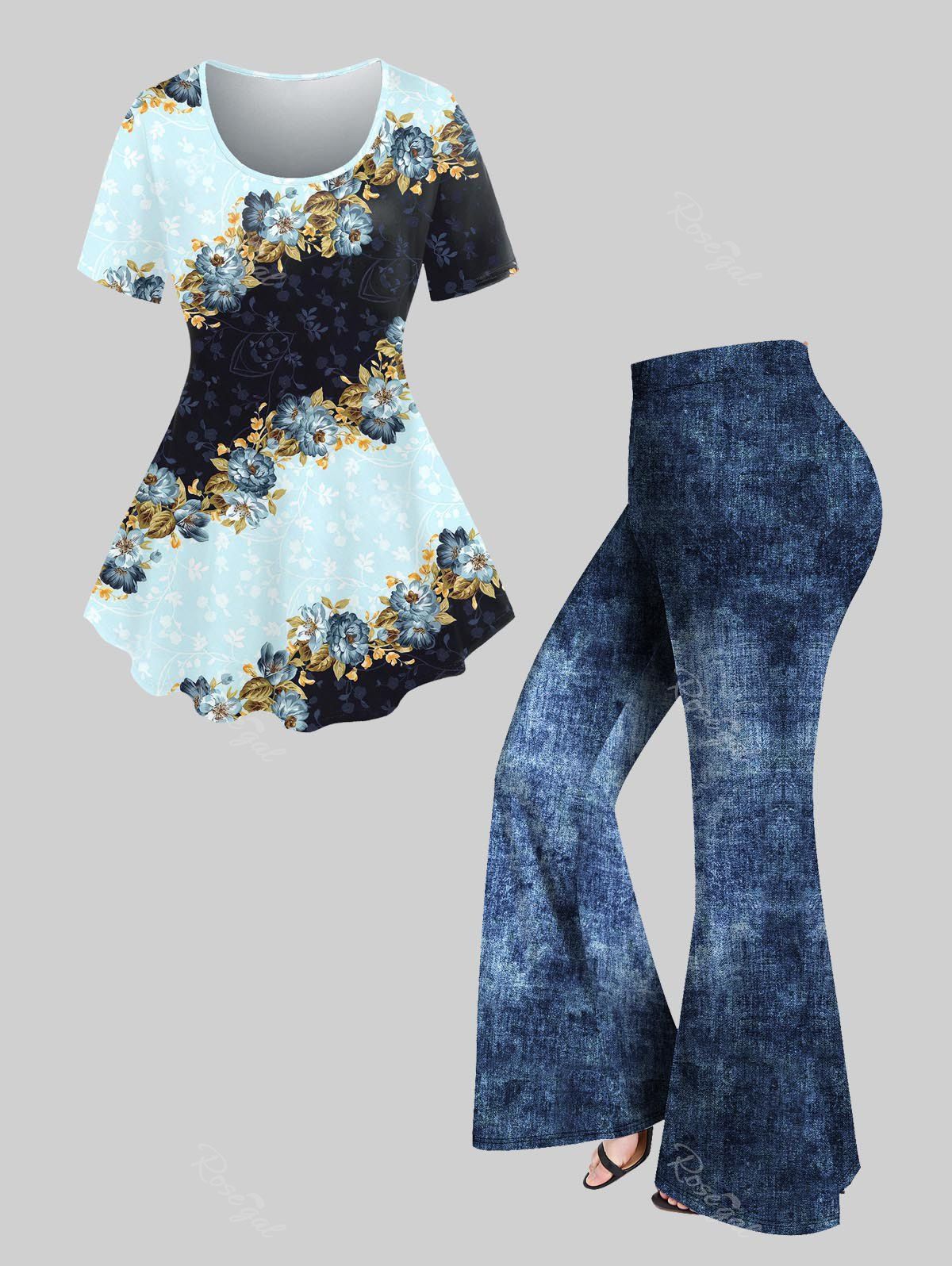 Hot Vintage Floral Print T-shirt and 3D Jean Print Pull On Flare Pants Plus Size Outfits  