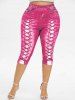 Lace Raglan Sleeves Knot Tie Dye Tee and 3D Jean Capri Leggings Plus Size Summer Outfit -  