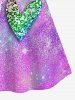 Plus Size 3D Heart Light Beam Sparkling Sequin Colorblocks Print Cold Shoulder Tee -  
