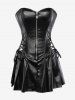 Plus Size Faux Leather Zip Front Corset Top and Pleated Skirt Set -  