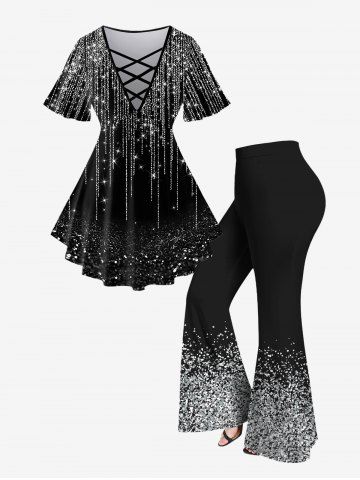Plus Size 3D Crisscross V-Neck Light Beam Printed Short-Sleeved T-Shirt and Glitter Printed Flare Pants Outfit - BLACK