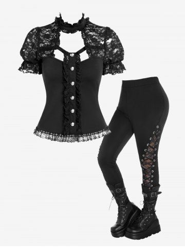 Gothic Lace Panel Cutout Frilled Top and Lace Panel Lace-up Skinny Pants Outfit - BLACK