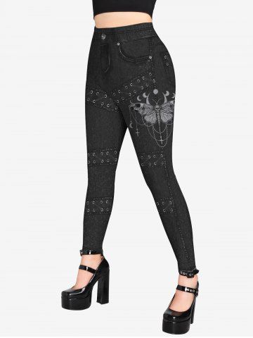 Skull Graphic Tee And 3D Butterfly Jean Lace-up Printed Jeggings Gothic Outfit