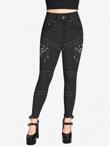 Skull Graphic Tee And 3D Butterfly Jean Lace-up Printed Jeggings Gothic Outfit