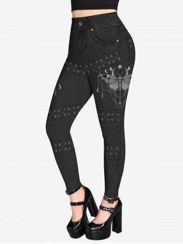 Skull Graphic Tee And 3D Butterfly Jean Lace-up Printed Jeggings Gothic Outfit