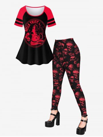 Raglan Sleeves Skulls Beauty Letters Printed Graphic Tee And Allover Skull Print Leggings Gothic Outfit