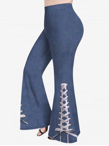 Plus Size 3D Jeans Lace Up Printed Flare Pants - DEEP BLUE - L | US 12