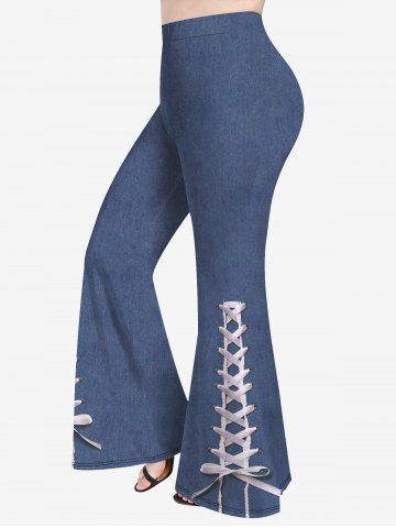 Plus Size 3D Jeans Lace Up Printed Flare Pants - DEEP BLUE - 2X | US 18-20