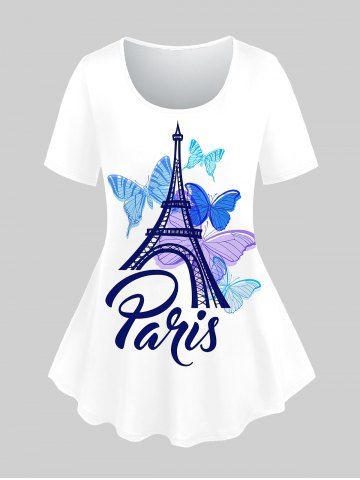 Camiseta de Manga Corta con Estampado de Torre Eiffel Tamaño Grande - WHITE - 3X | US 22-24