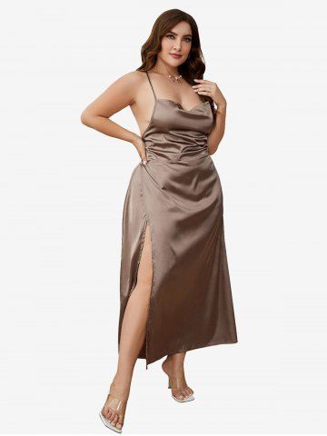 Plus Size Lace-up Cowl High Split Backless Stain Sleep Midi Dress