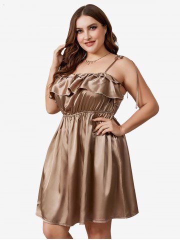 Plus Size Flounce Ruched Open Back Tie Stain Sleep Dress - COFFEE - 4XL