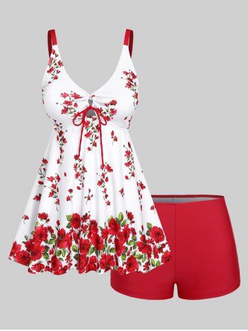 Lace Up Ruched Flower Print Boyleg Tankini Swimsuit - RED - L | US 12